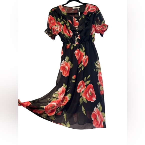 YUNA Red & Black Short Sleeve Midi  Dress With Belt Women's Size L NWT Defect - Picture 2 of 10